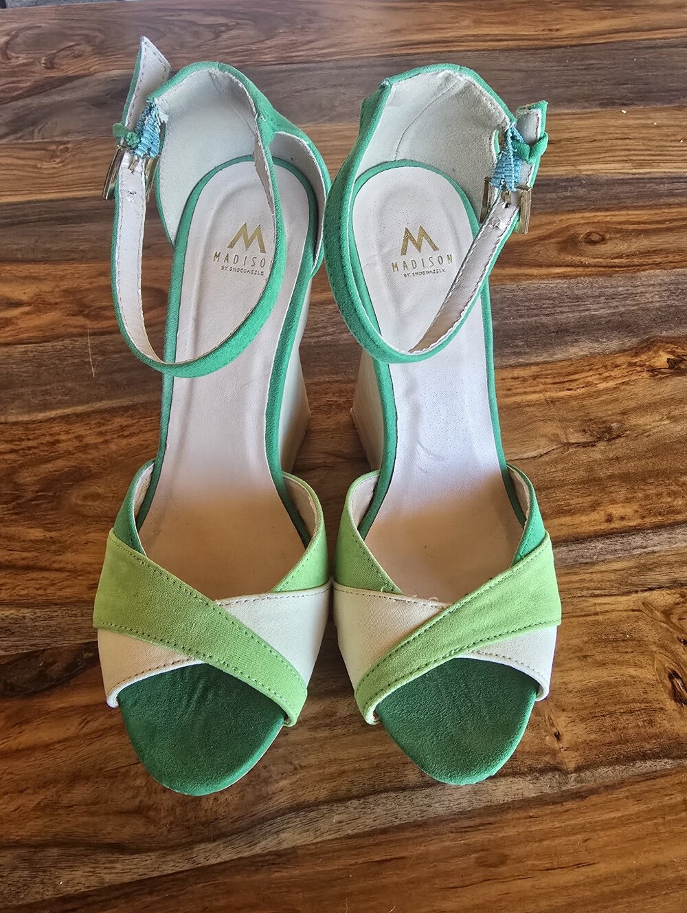 Green Two-Tone Suede Platform Wedge Sandals By Madison - Picture 3 of 7